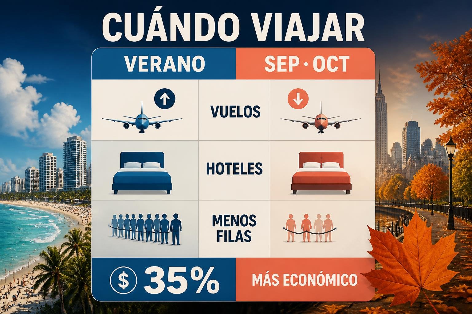 Infografía editorial en castellano que compara el verano contra septiembre y octubre: precios de vuelos y hoteles, cantidad de gente y clima