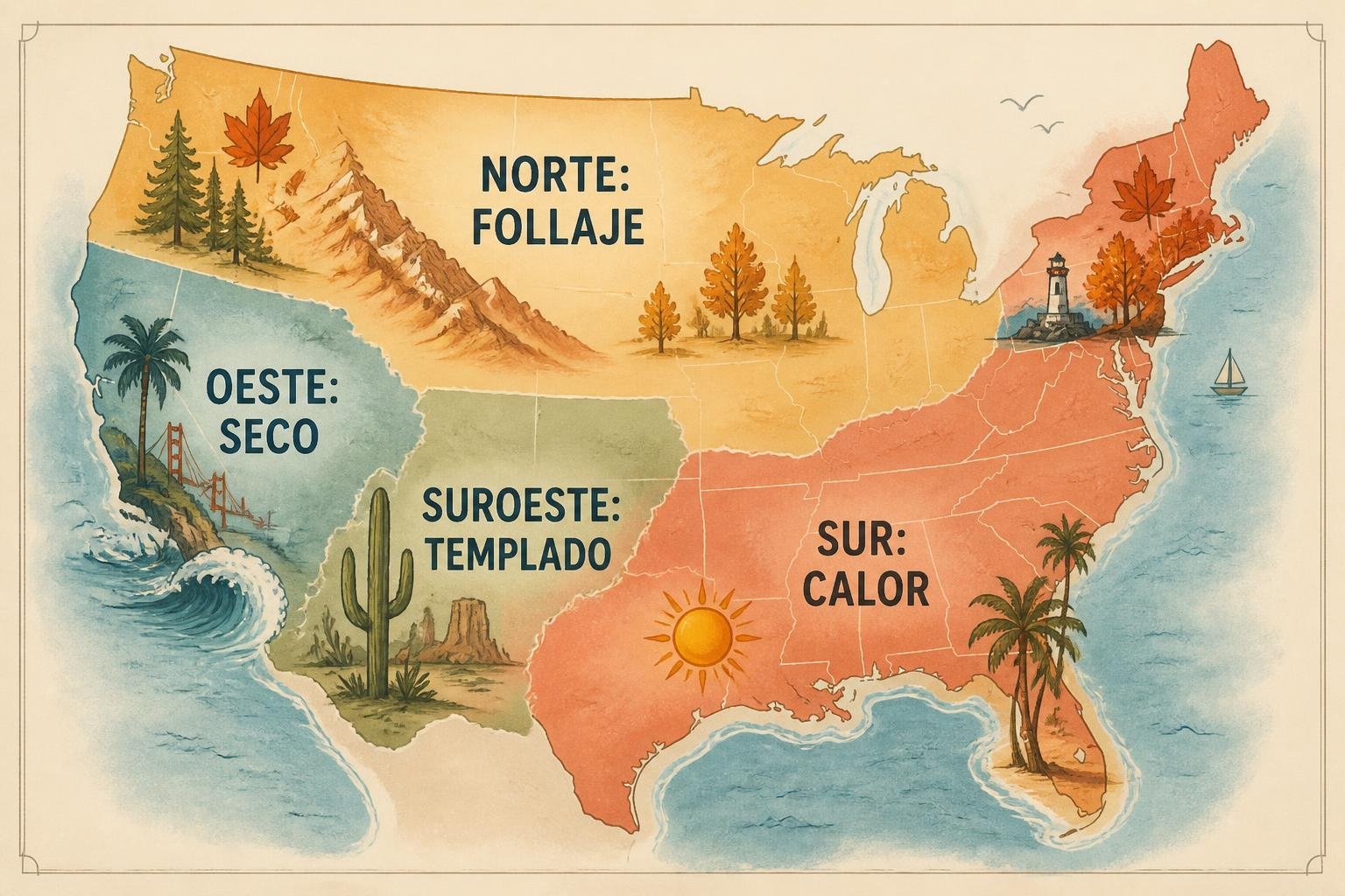 Mapa ilustrado de Estados Unidos con las zonas de clima para septiembre y octubre: follaje en el norte, calor en el sur, desiertos templados en el suroeste