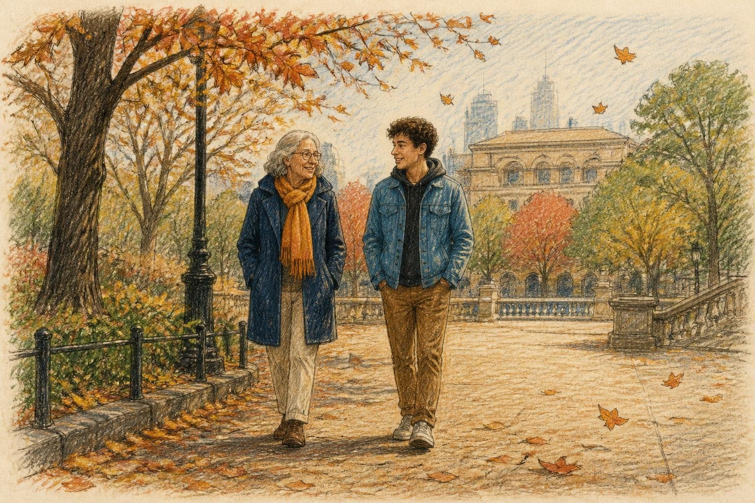 Ilustración a lápiz de color de viajeros disfrutando un paseo de otoño en Estados Unidos, con pocas personas alrededor y hojas cayendo