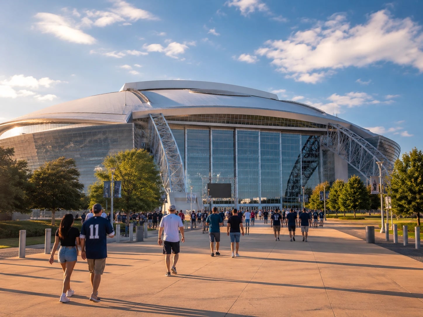 Hinchas caminando hacia el AT&T Stadium de Arlington en una tarde soleada, con la fachada de vidrio y acero del estadio de fondo
