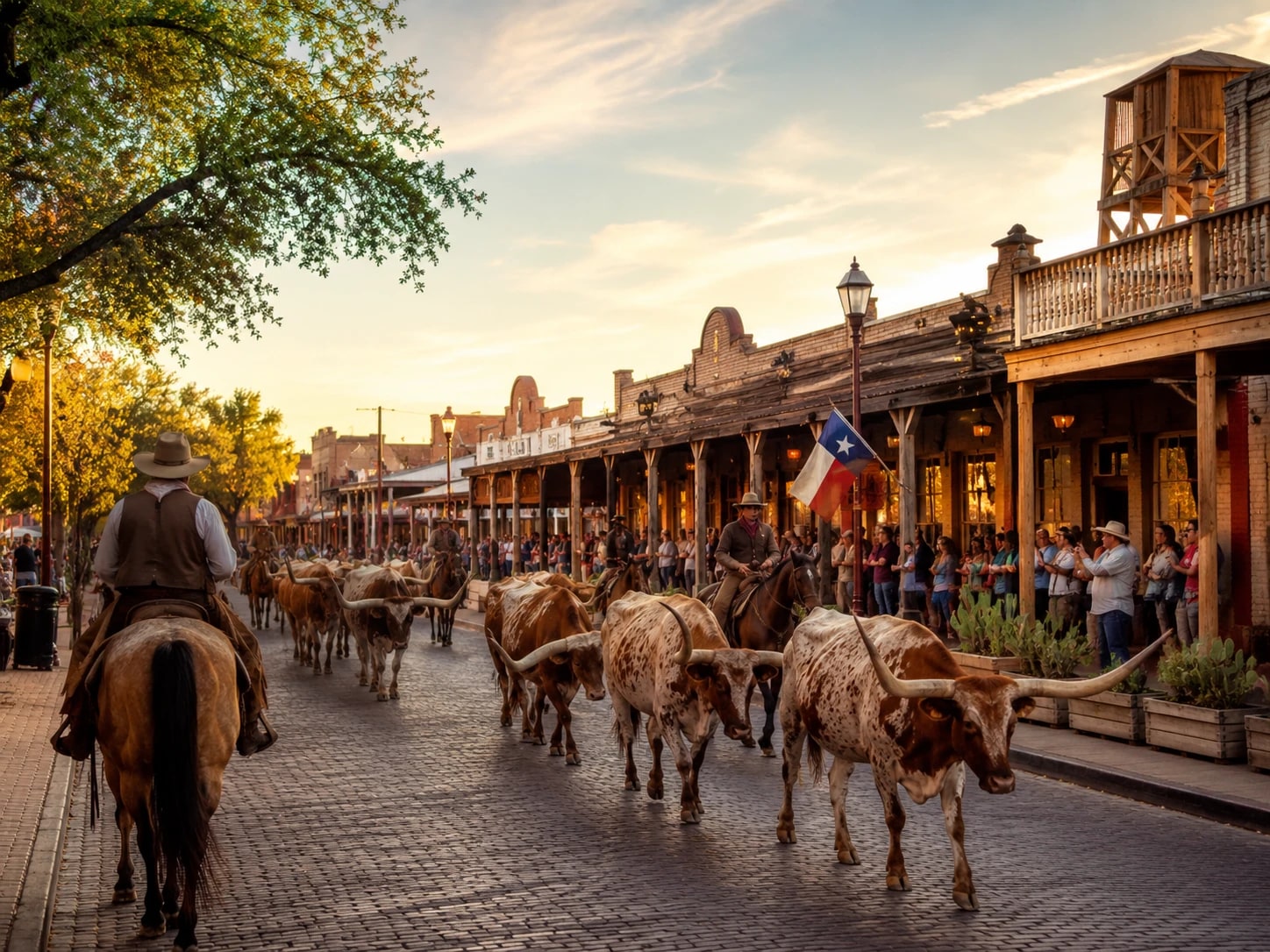 Vaqueros a caballo guiando un arreo de ganado longhorn por la calle adoquinada de los Fort Worth Stockyards, con la bandera de Texas y turistas mirando desde la vereda