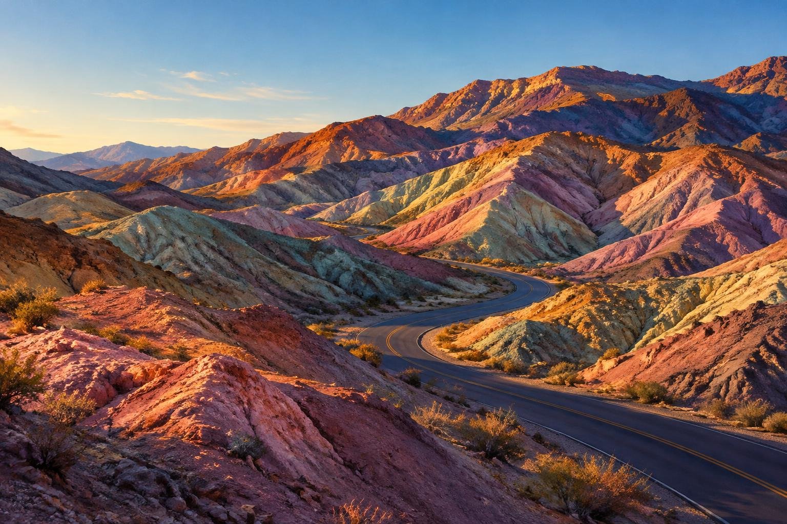 Laderas de colores rosados, verdes y violetas en Artists Drive con la luz de la tarde en Death Valley