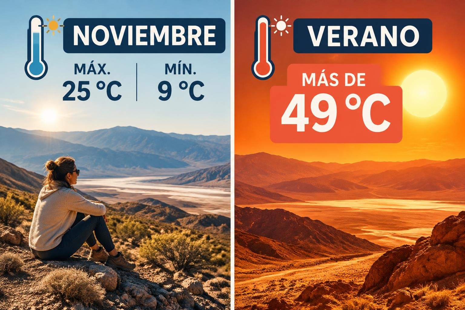 Infografía que compara la temperatura de Death Valley en noviembre, con 25 °C de máxima y 9 °C de mínima, contra más de 49 °C en verano