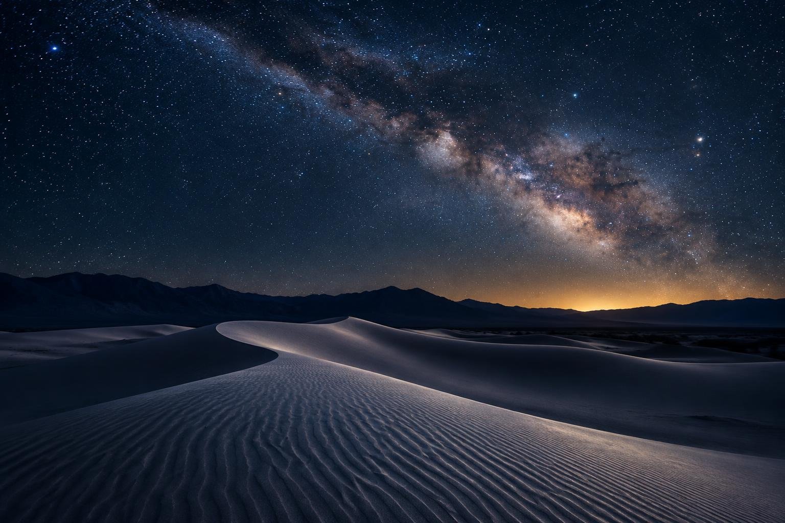 Dunas de Mesquite Flat bajo un cielo nocturno lleno de estrellas y la Vía Láctea en Death Valley