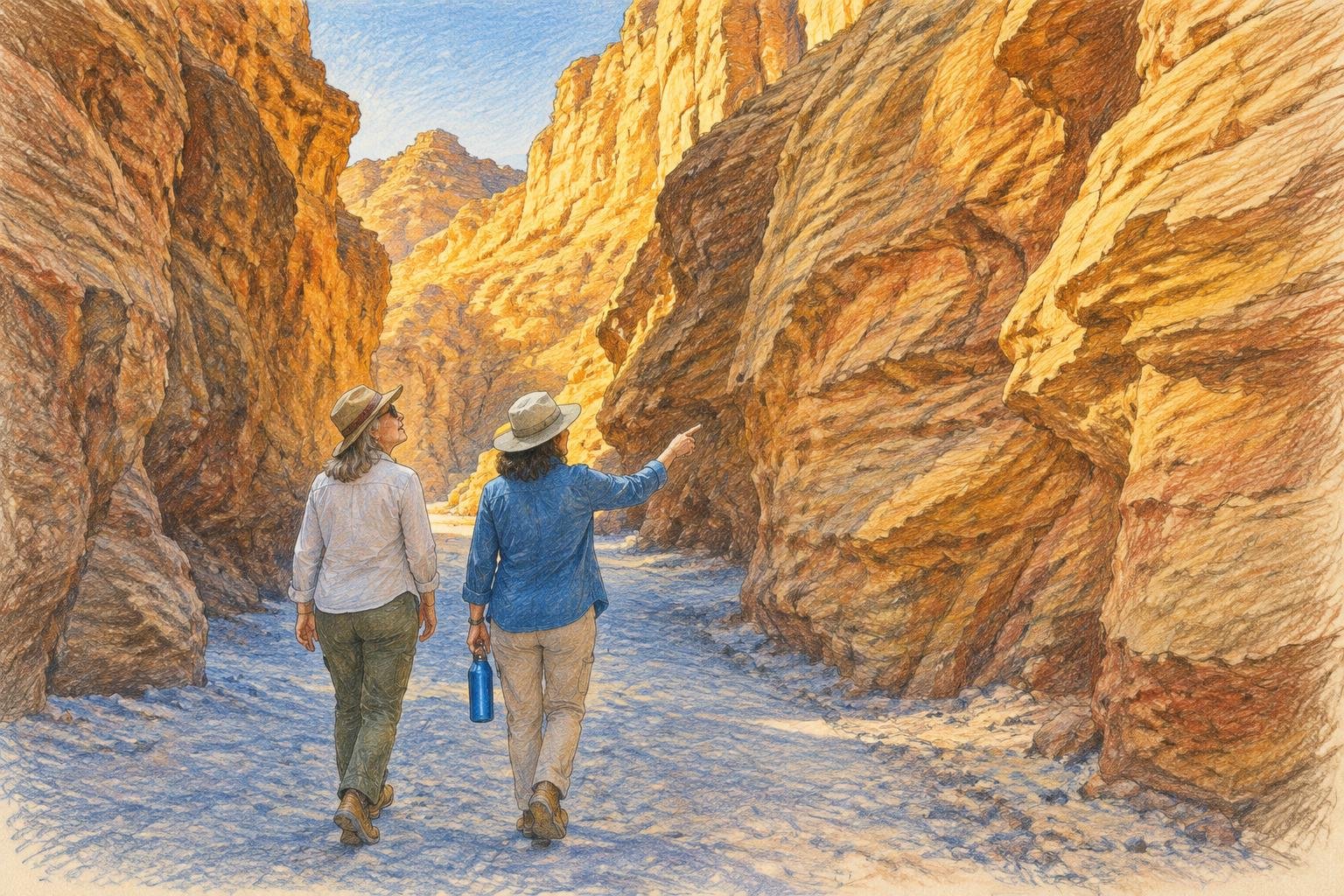 Dos amigas caminan entre las paredes doradas de Golden Canyon a primera hora de la mañana