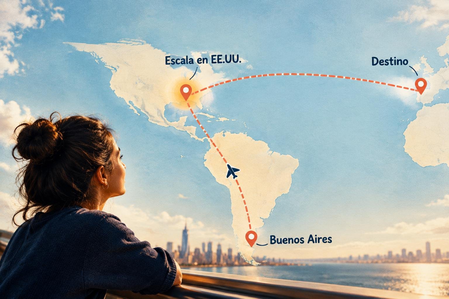 Mapa ilustrado de un vuelo desde Buenos Aires con escala en una ciudad de Estados Unidos rumbo a otro país