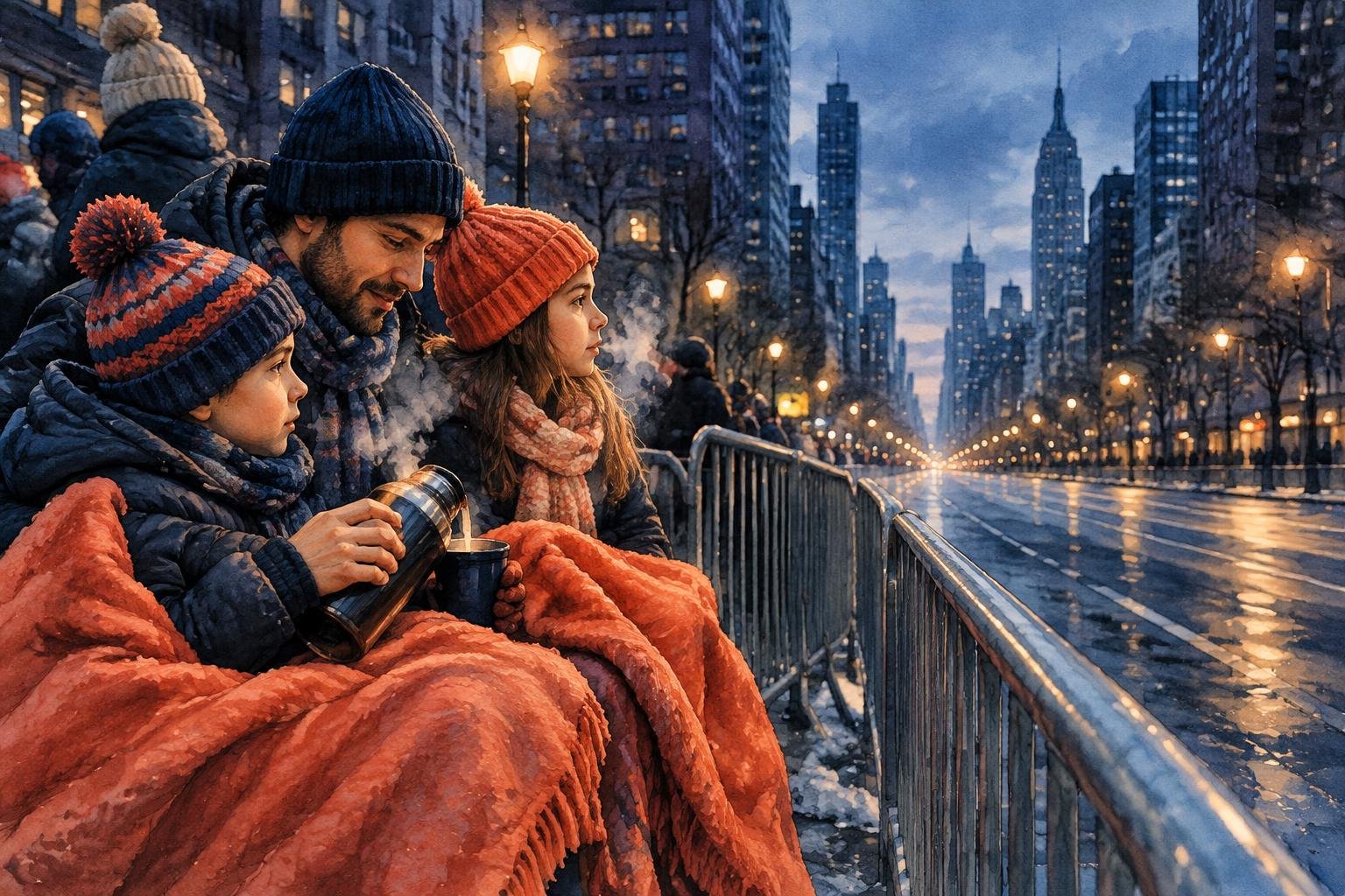 Familia abrigada esperando de madrugada contra la valla de la Sexta Avenida el día del desfile