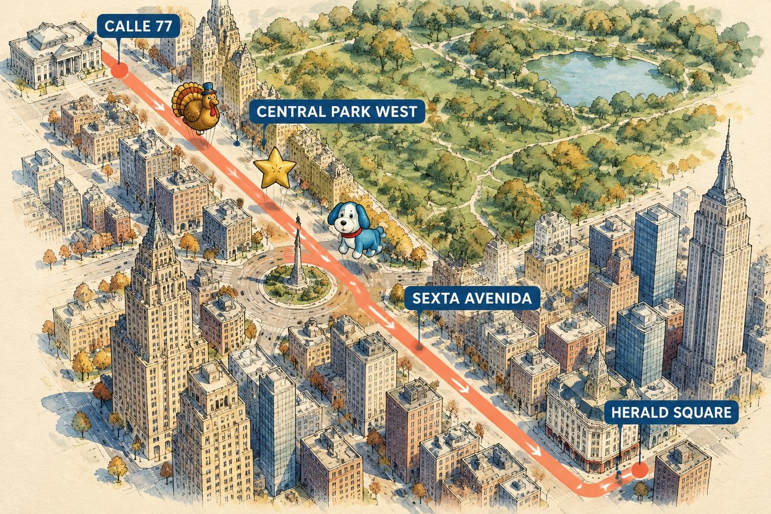 Mapa ilustrado del recorrido del desfile de Macy's por Central Park West y la Sexta Avenida