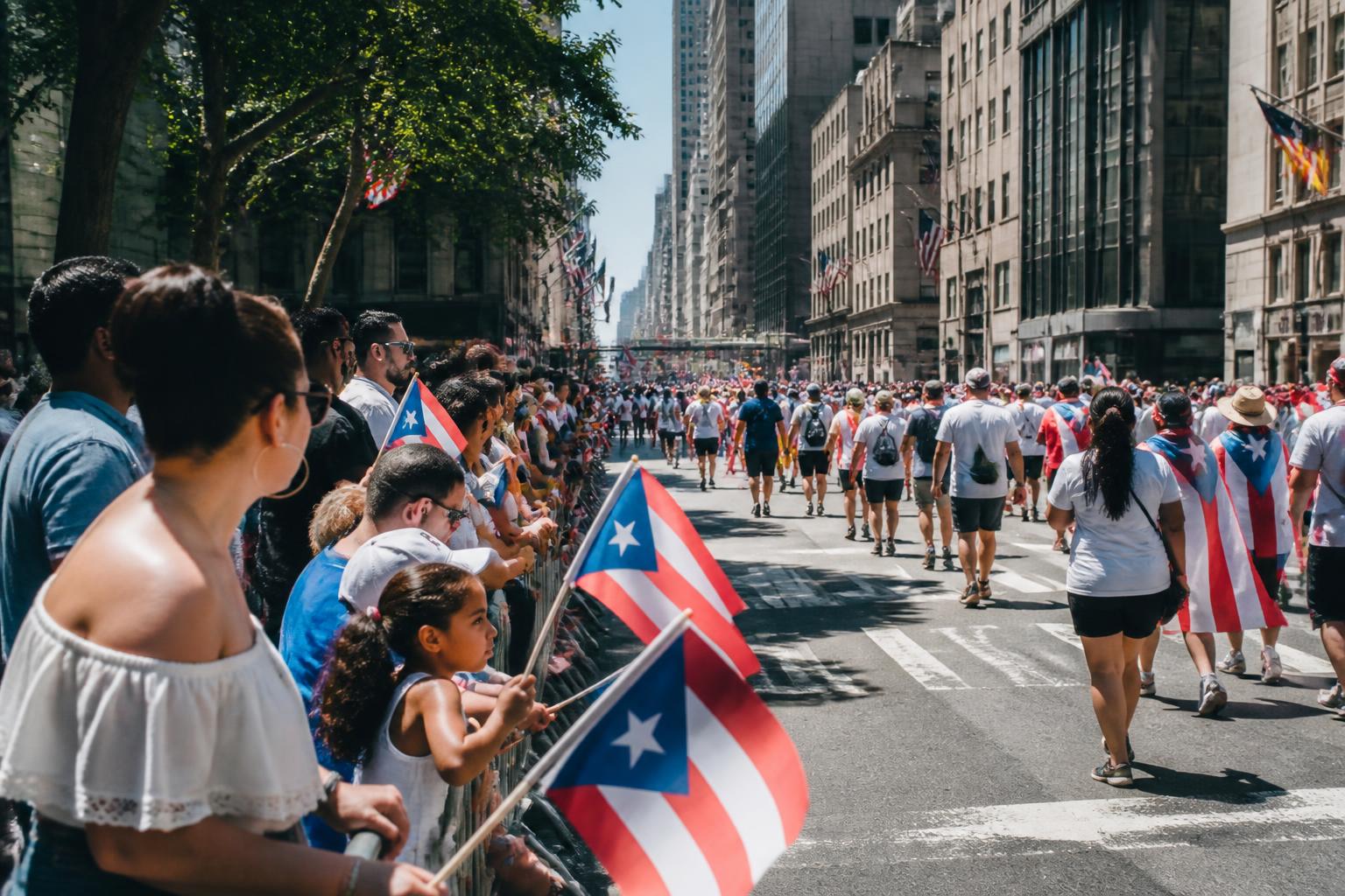 Vista panorámica de la Quinta Avenida durante el Desfile Puertorriqueño anual de junio, con multitudes vistiendo los colores de la bandera puertorriqueña
