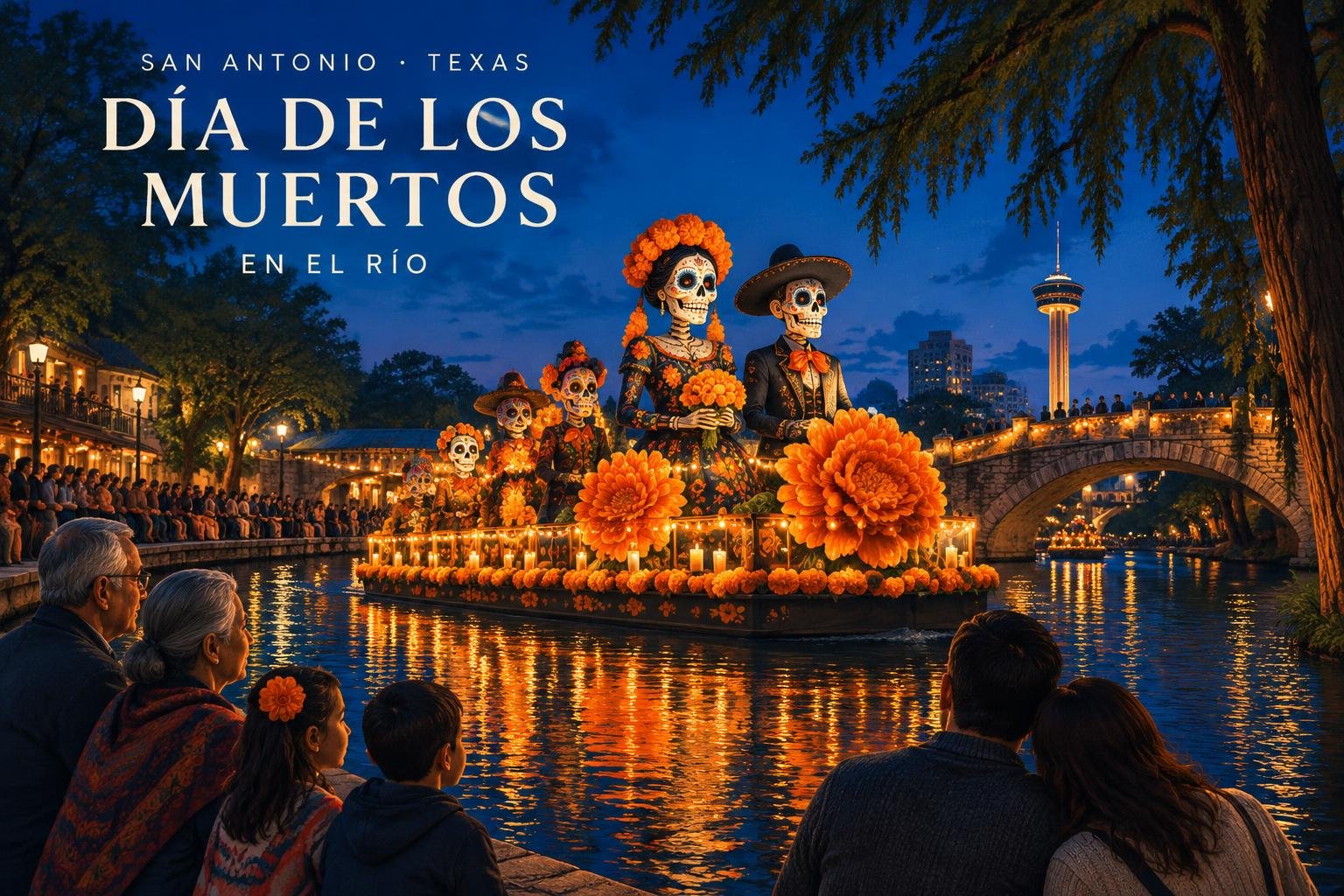 Barcaza iluminada con figuras de calaveras navegando por el río de San Antonio durante el desfile de Día de los Muertos