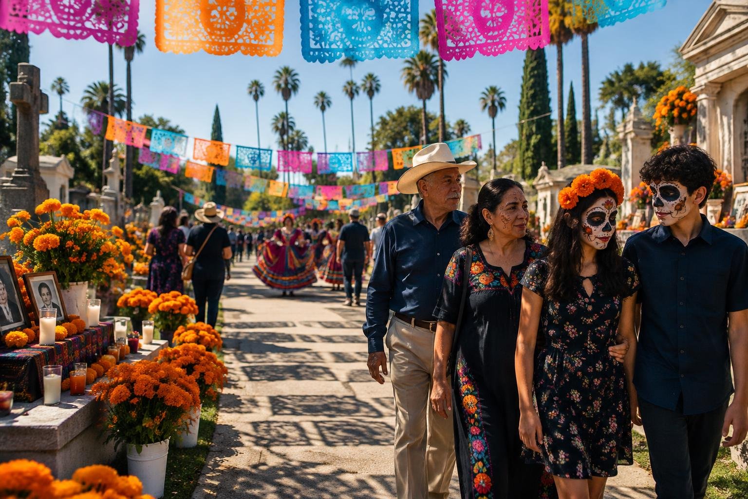 Visitantes con maquillaje de calavera caminan entre altares bajo papel picado en el cementerio Hollywood Forever de Los Ángeles