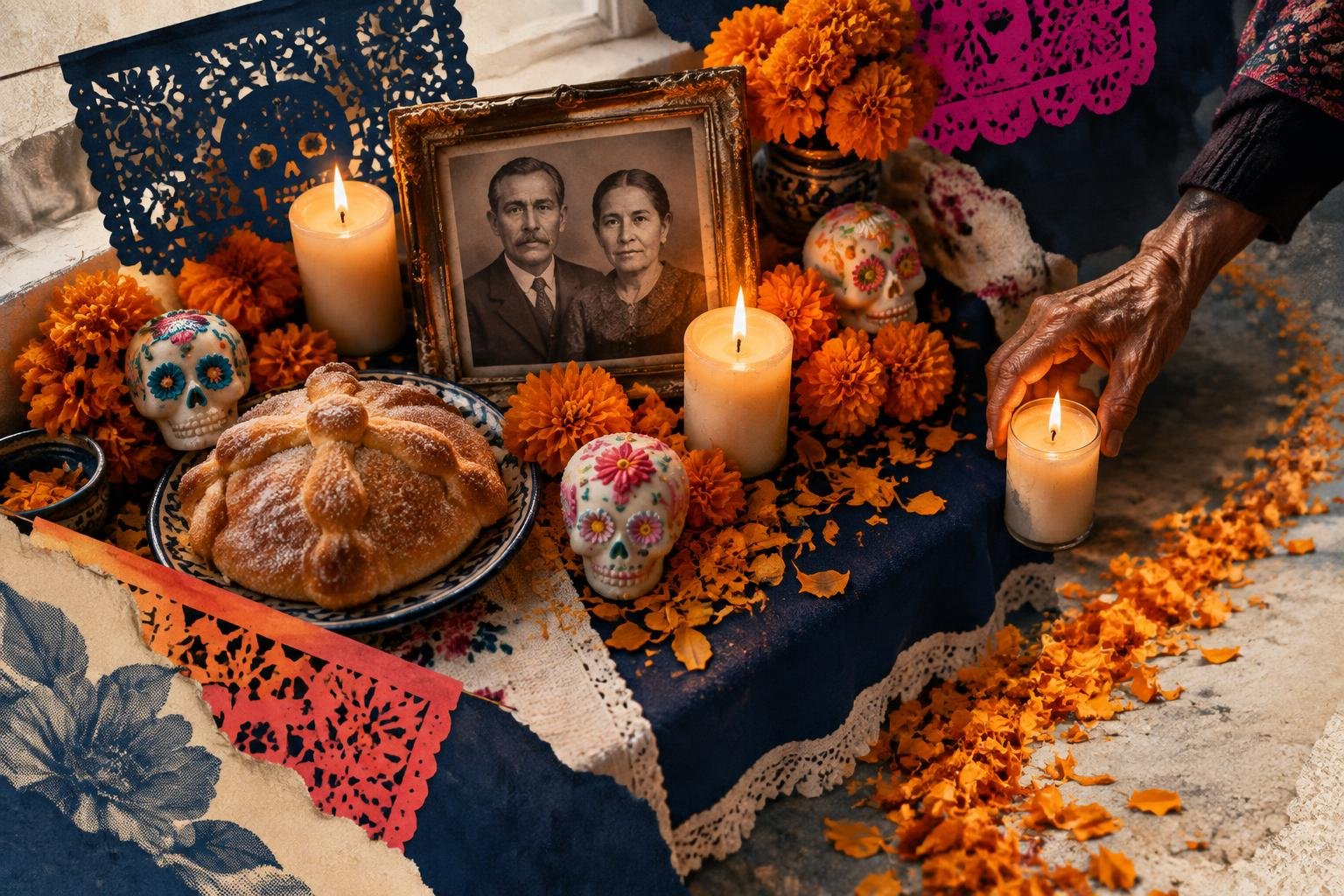 Ofrenda de Día de los Muertos con pan de muerto, calaveritas de azúcar, fotos familiares, velas y flores de cempasúchil