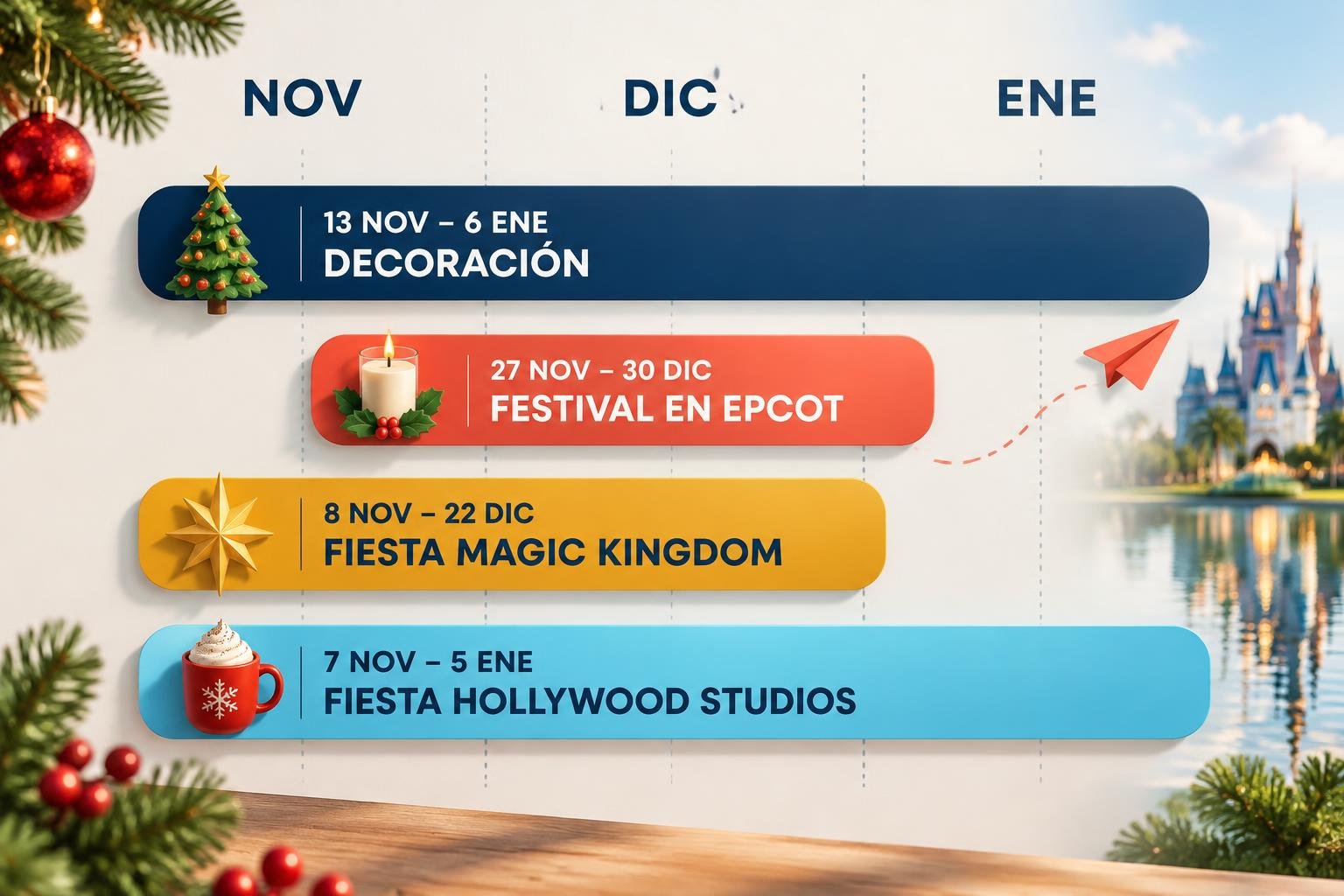 Calendario ilustrado de la temporada navideña de Disney World con las fechas de la decoración, el festival de Epcot y las fiestas nocturnas