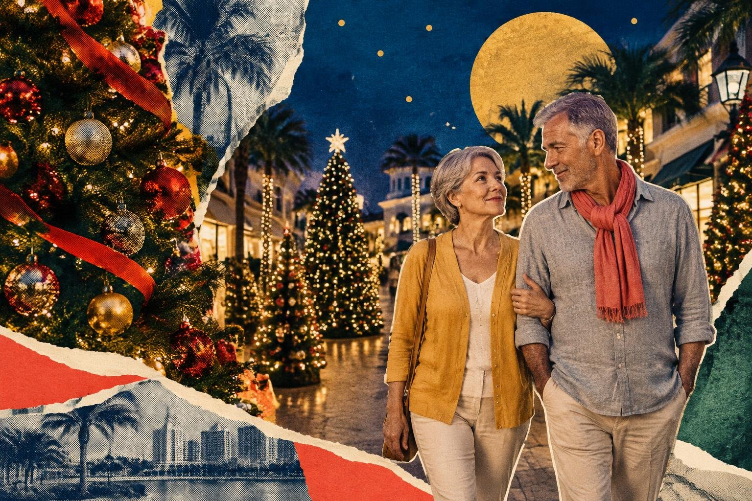 Pareja de unos sesenta años paseando entre árboles de Navidad decorados en Disney Springs al anochecer