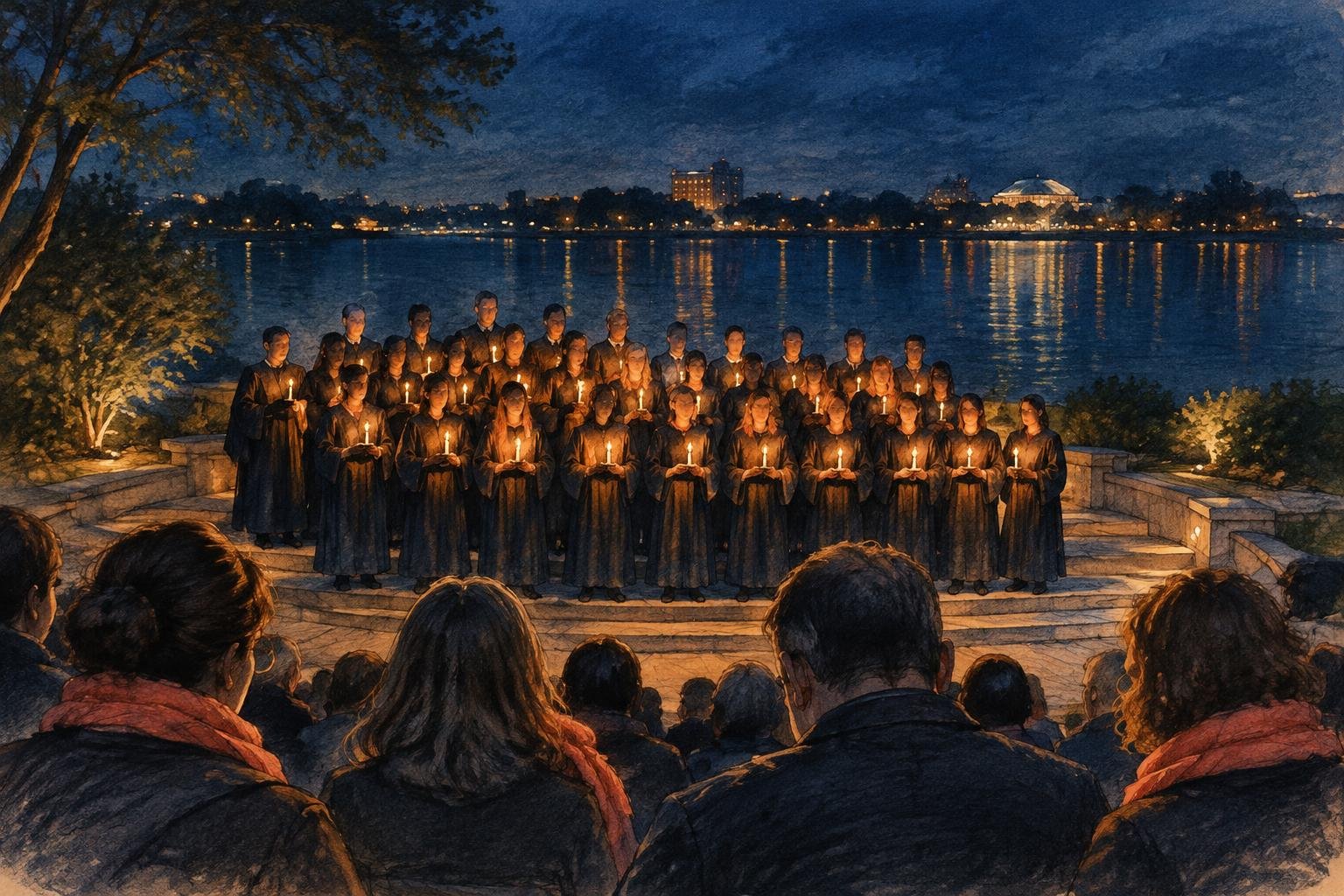 Coro con velas cantando en un teatro al aire libre de Epcot durante una noche de diciembre