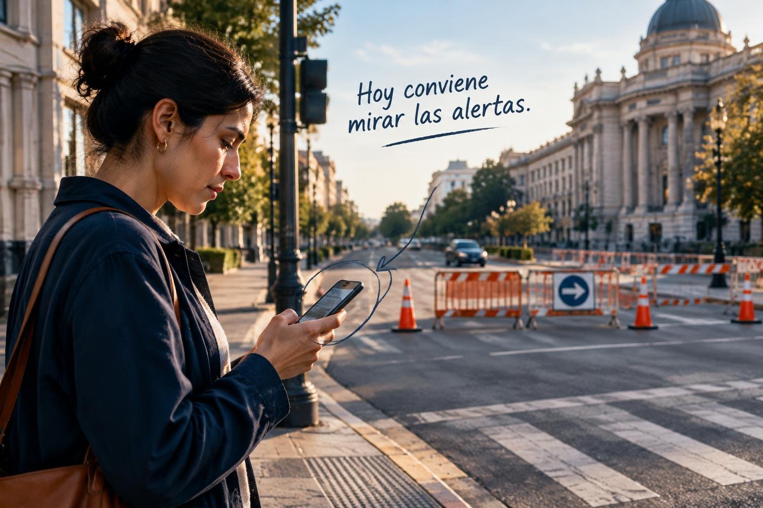 Turista consultando alertas de tránsito en el celular frente a un corte de calle urbano durante una jornada electoral