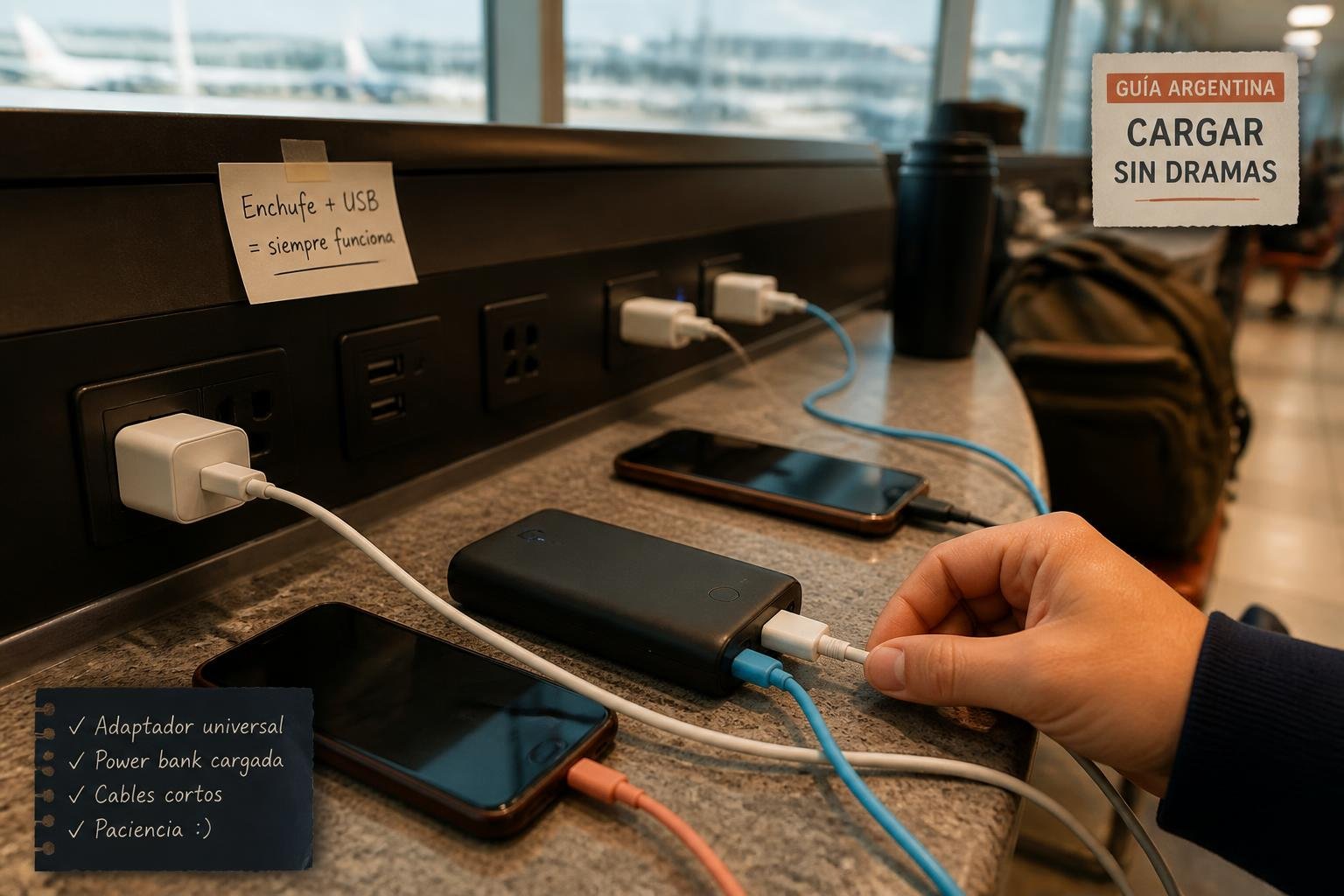Estación de carga en un aeropuerto de Estados Unidos con varios celulares enchufados a la vez