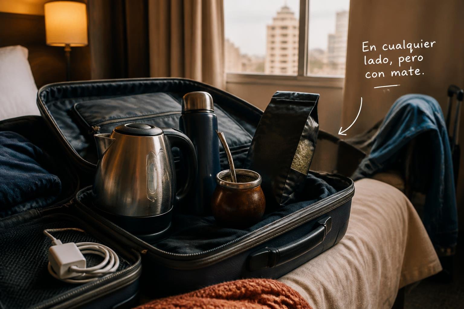 Valija abierta sobre la cama de un hotel con una pava eléctrica, un termo y un mate al lado del cargador del celular