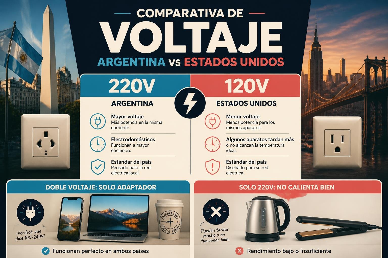 Comparación de voltaje entre Argentina y Estados Unidos con los aparatos que solo necesitan adaptador y los que no funcionan