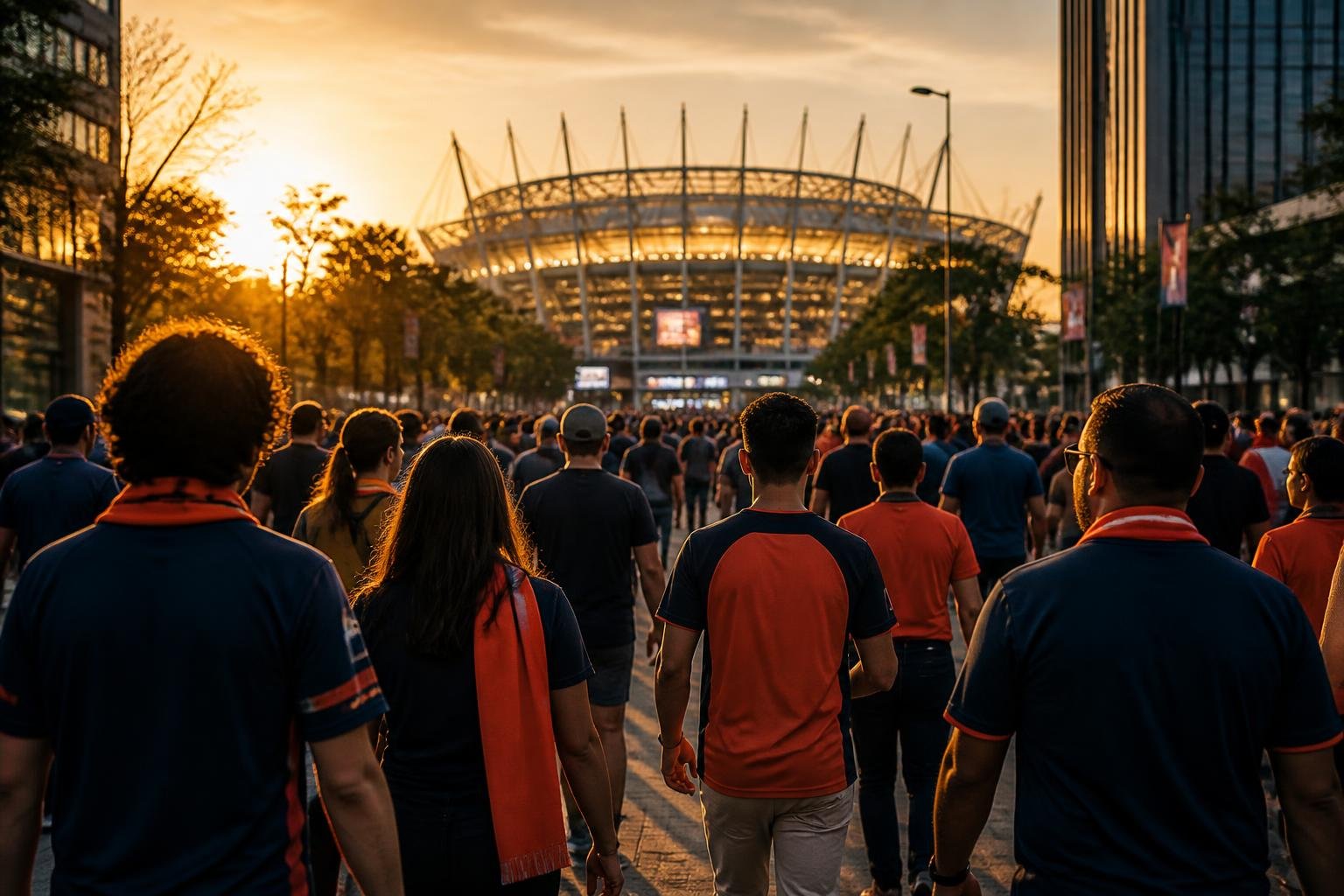 Hinchas caminando hacia un estadio en Estados Unidos al atardecer, antes de un partido del Mundial