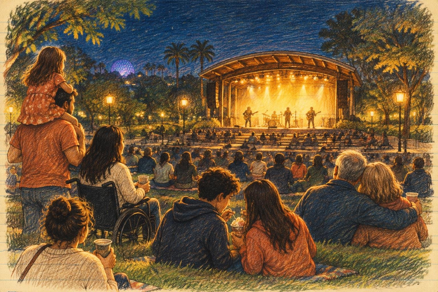 Público mirando un concierto nocturno de Eat to the Beat en el America Gardens Theatre de EPCOT