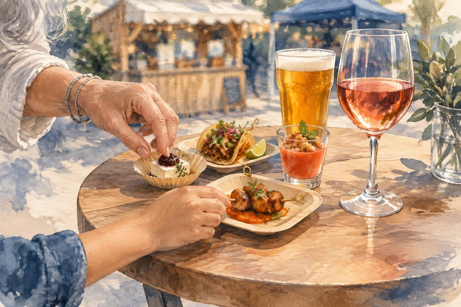 Platos chicos de degustación y una bebida sobre una mesa alta junto a un puesto del festival en EPCOT