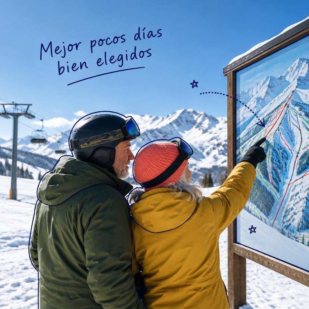 Pareja de viajeros mirando el mapa de pistas en la base de un centro de esquí antes de subir