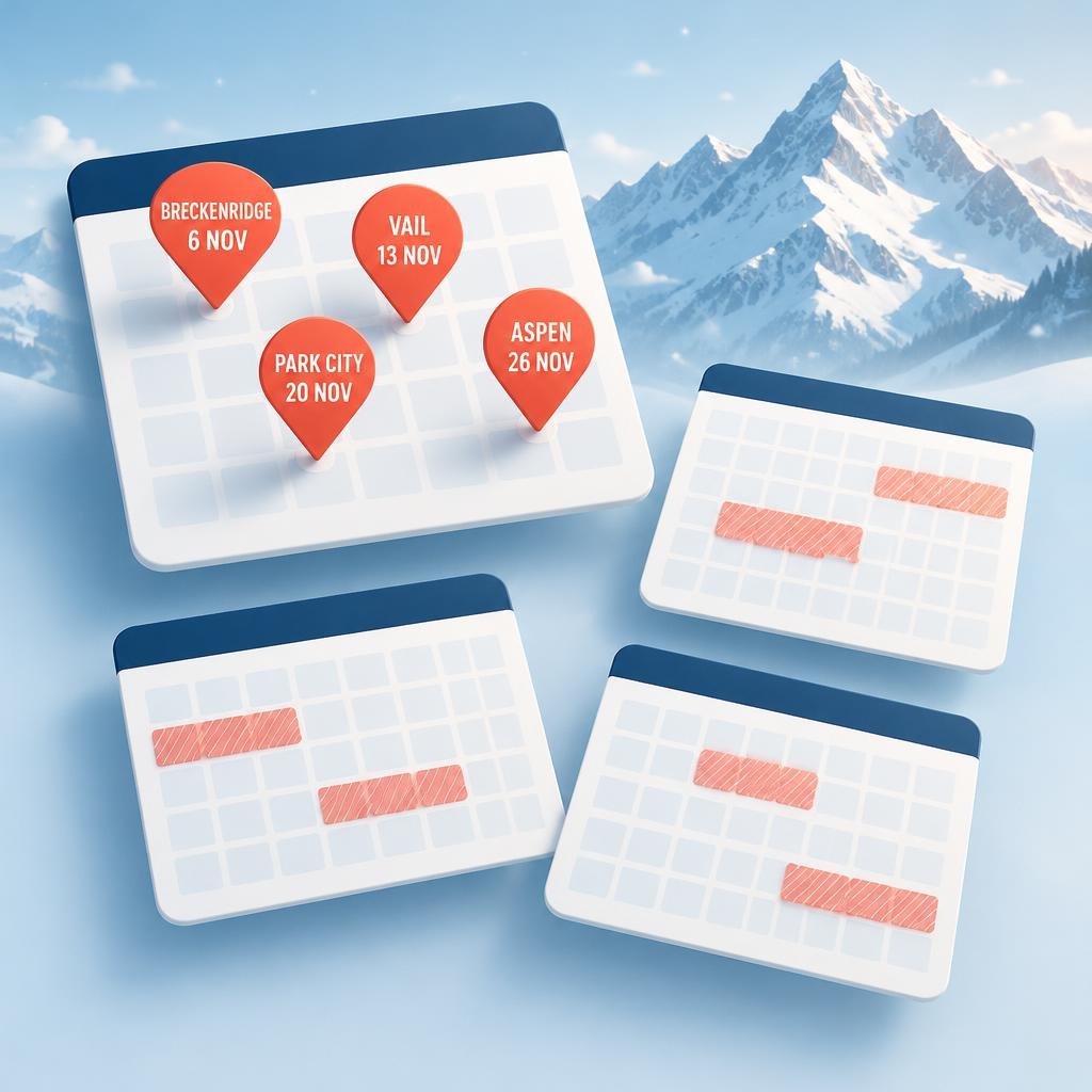 Calendario ilustrado de la temporada de esquí con las aperturas de noviembre en Colorado y Utah
