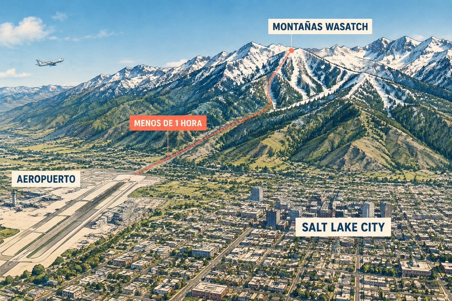 Mapa ilustrado de Salt Lake City con los centros de esquí de las montañas Wasatch cerca del aeropuerto