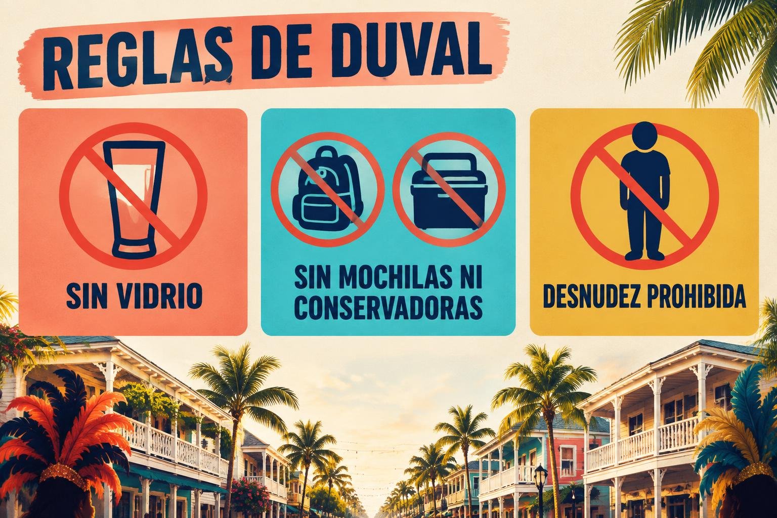 Infografía con las reglas de la Fantasy Zone de Duval Street: sin vidrio, sin mochilas ni coolers y desnudez prohibida en la vía pública