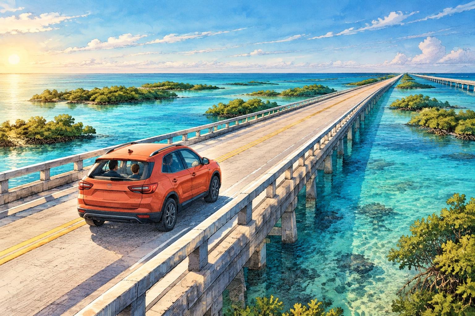 Auto cruzando la Overseas Highway sobre el mar turquesa de los Cayos de Florida camino a Key West