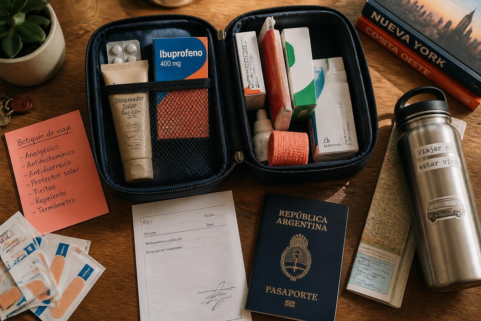 Botiquín de viaje abierto sobre una mesa, con cajas de remedios en su envase original, curitas, protector solar y una copia de la receta médica al lado de un pasaporte