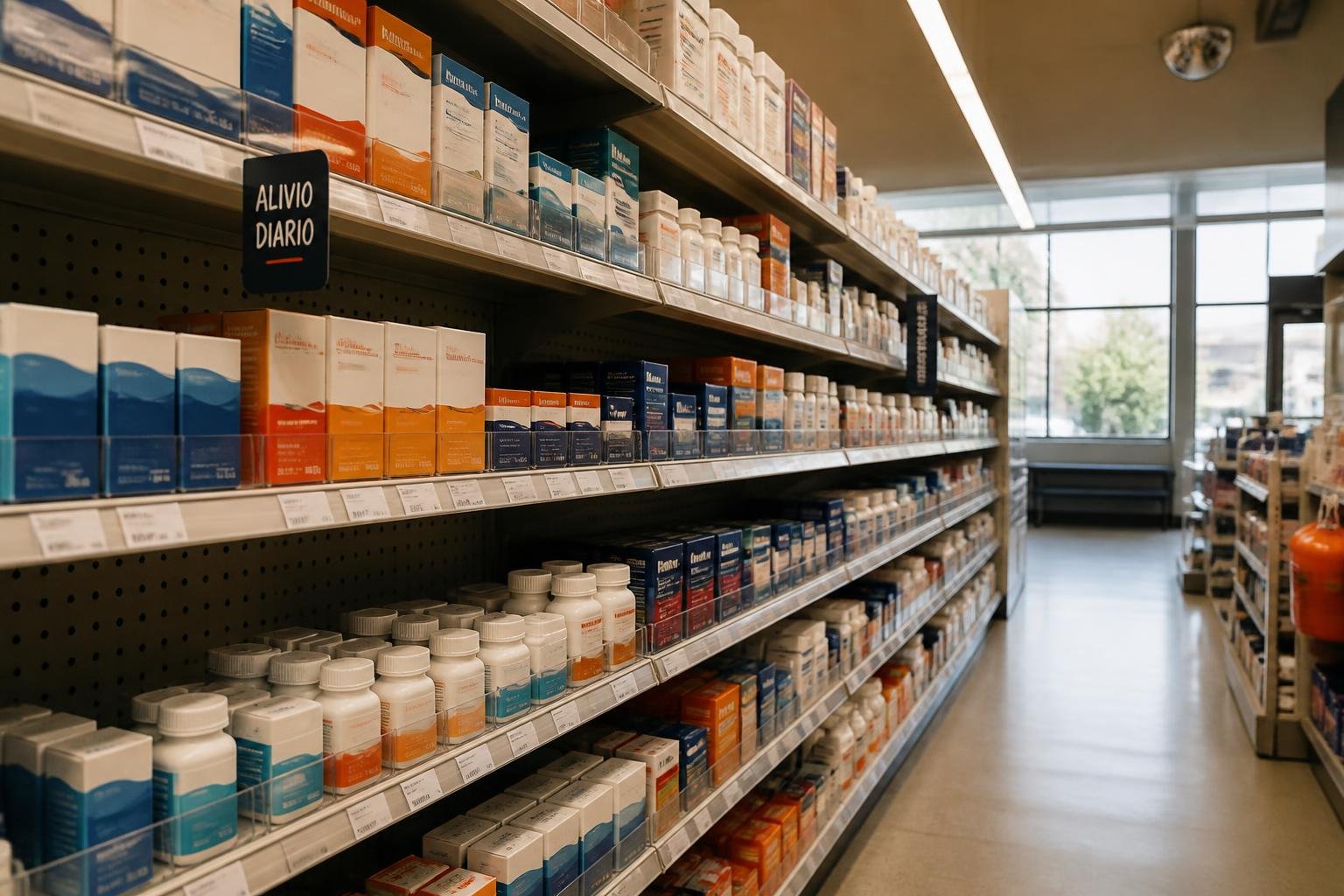 Fotografía documental de una góndola ordenada de remedios de venta libre en una farmacia de Estados Unidos, un pasillo limpio y luminoso, sin logos dominantes