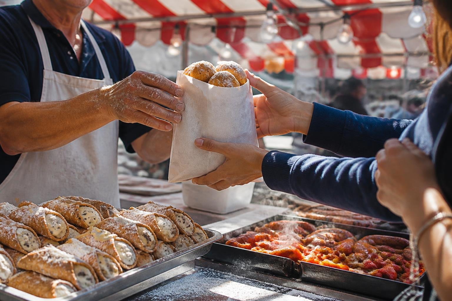 Puestos de comida en Mulberry Street con cannoli, zeppole espolvoreados con azúcar y sándwiches de salchicha con pimientos durante la fiesta