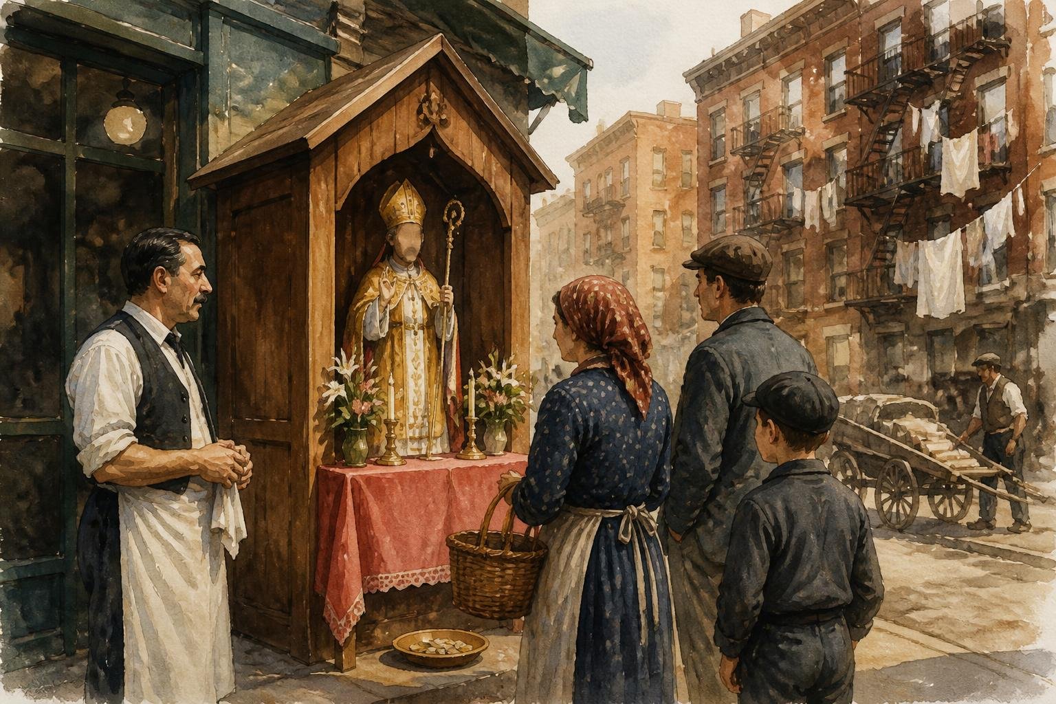 Recreación editorial del origen de la fiesta en 1926: una pequeña capilla de vereda en Mulberry Street con la estatua de San Gennaro y vecinos italianos alrededor