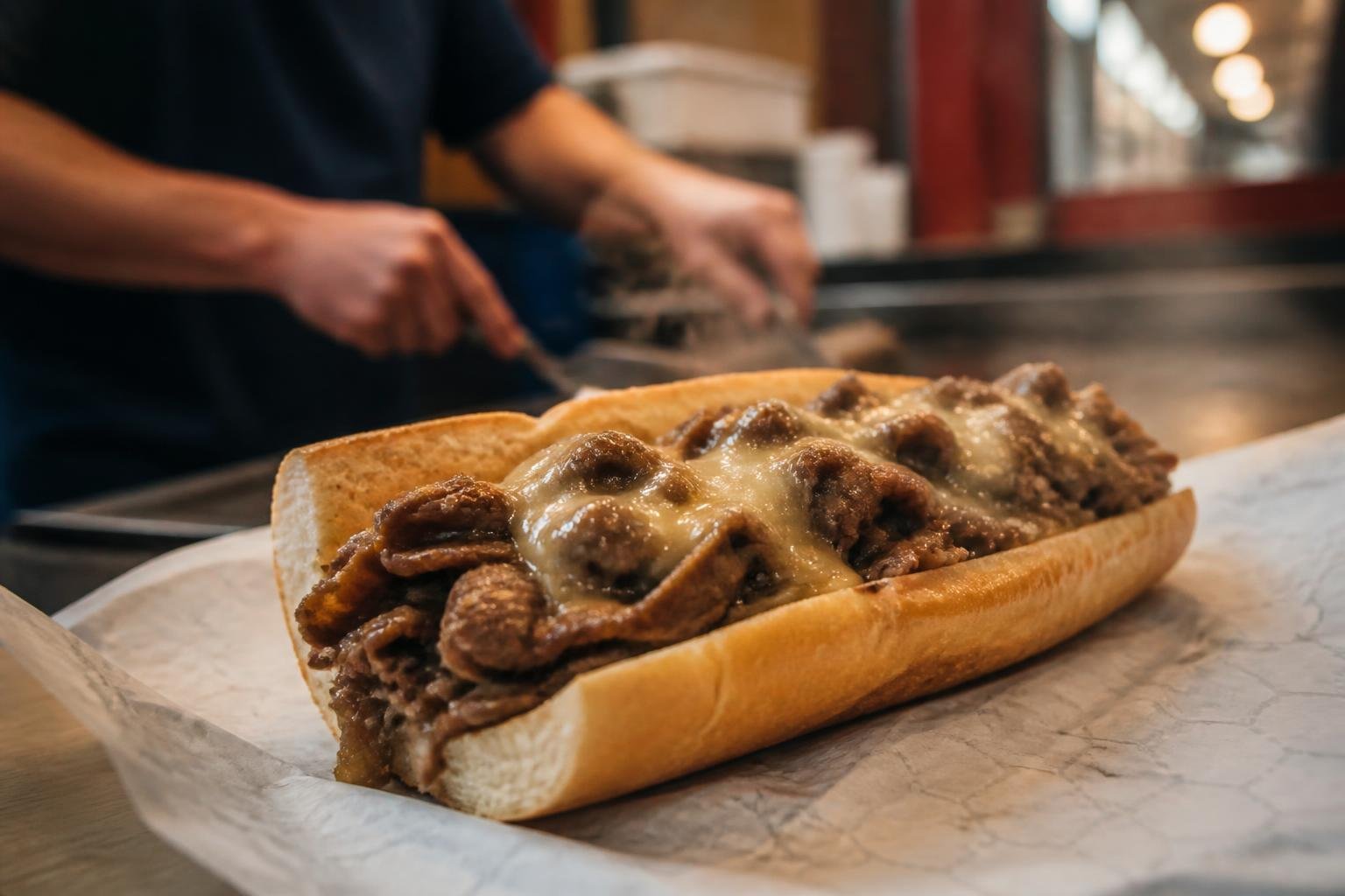 Foto documental de un cheesesteak recién hecho sobre el mostrador de un mercado techado de Filadelfia