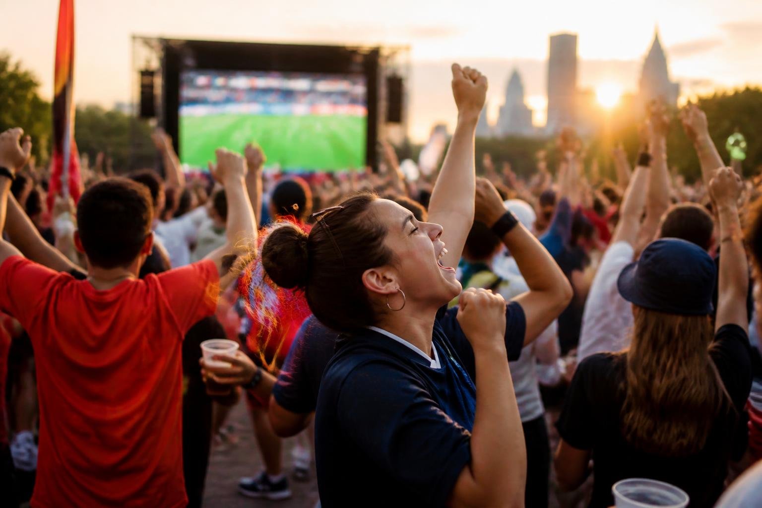Multitud de hinchas de distintos países celebrando en un festival de fútbol al aire libre en Filadelfia en pleno verano