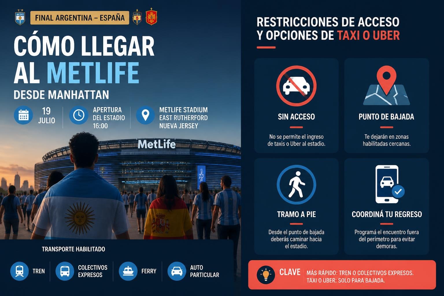 Punto de descenso para Uber y taxi y tramo a pie hasta el estadio en East Rutherford