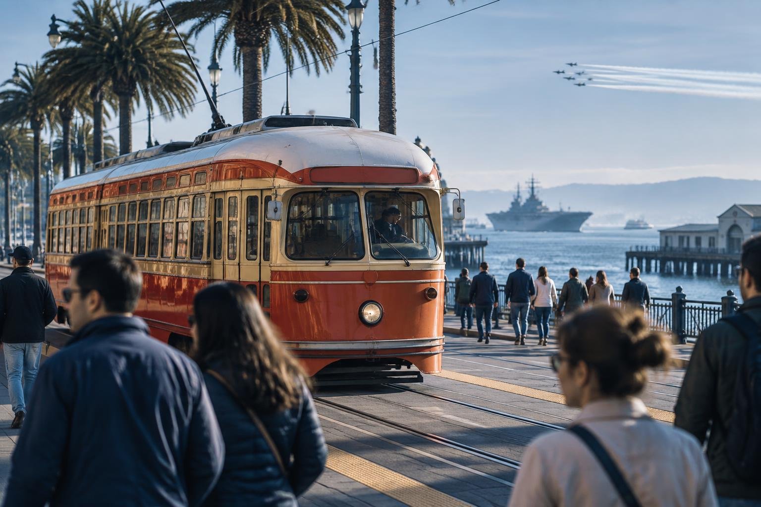 Tranvía histórico avanzando por el Embarcadero de San Francisco lleno de gente camino al air show