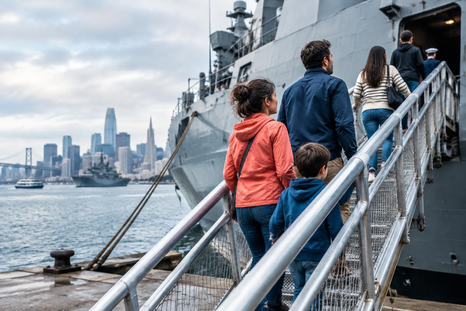 Visitantes subiendo por la pasarela de un buque de la Marina amarrado en el muelle 35 del Embarcadero