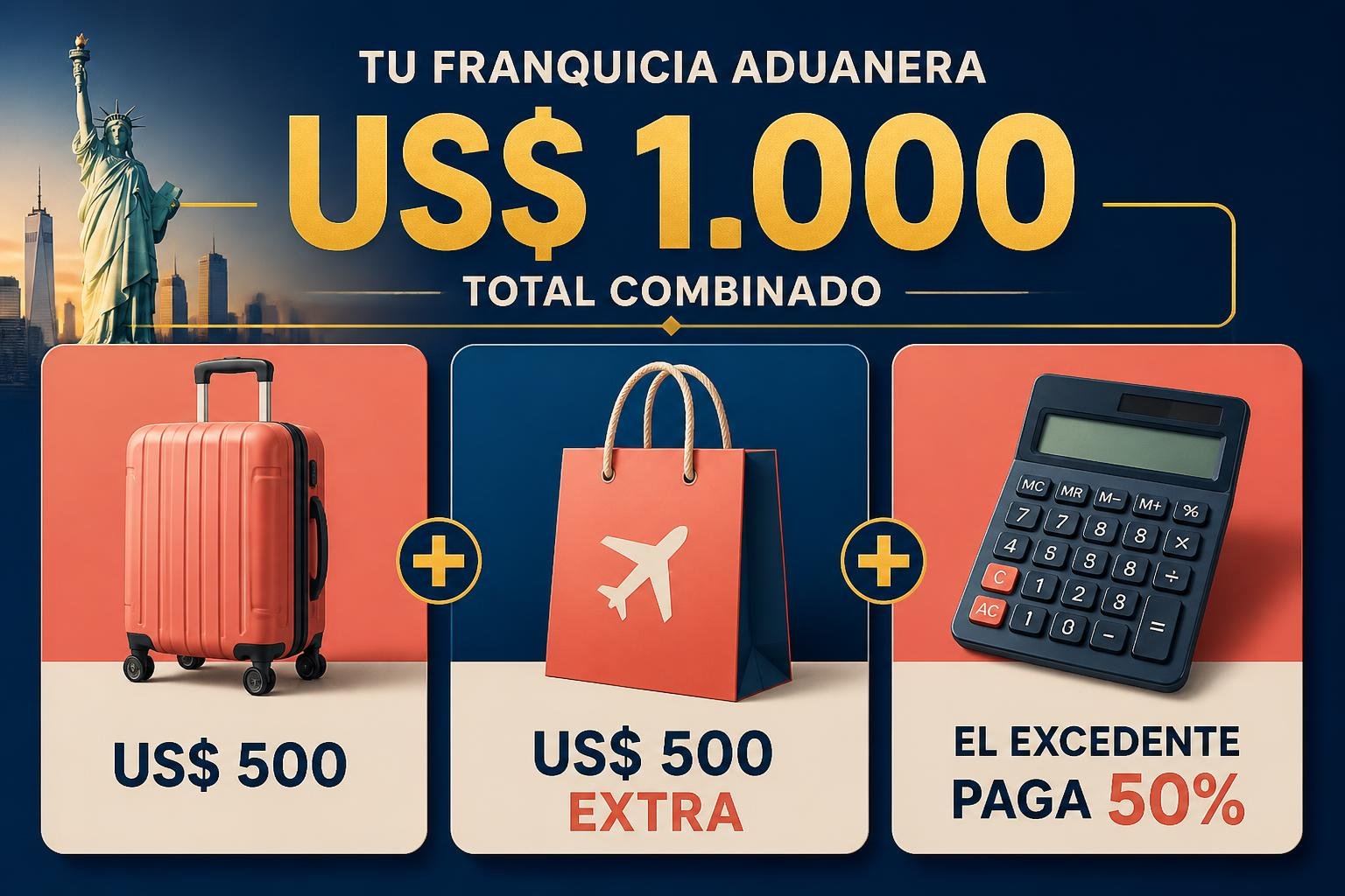 Infografía en castellano que explica la franquicia de equipaje: 500 dólares en la valija, 500 en el free shop de llegada y 50% sobre el excedente