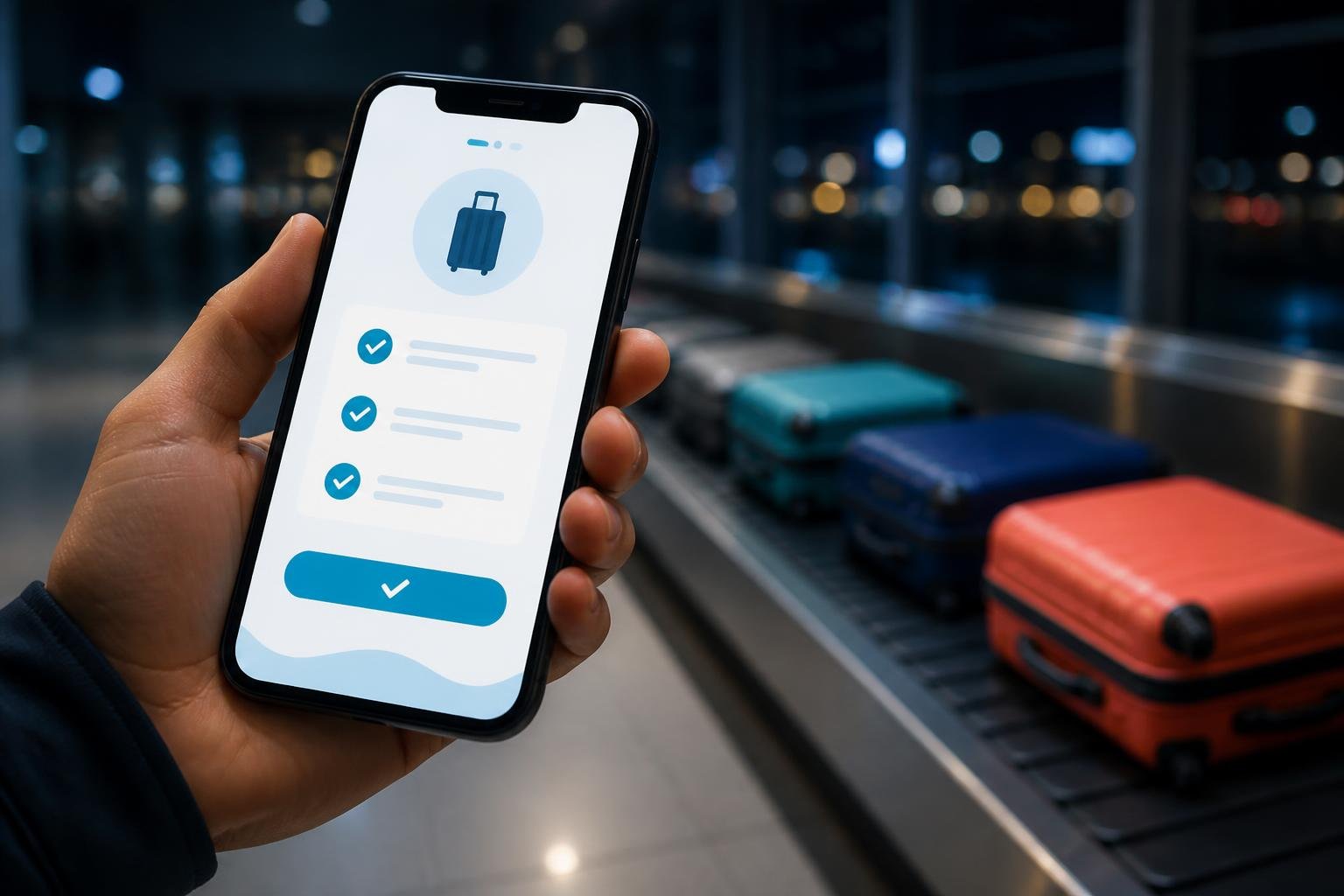Ilustración travel-tech de una mano completando la declaración jurada digital de equipaje en el celular, con una cinta de valijas de aeropuerto de fondo