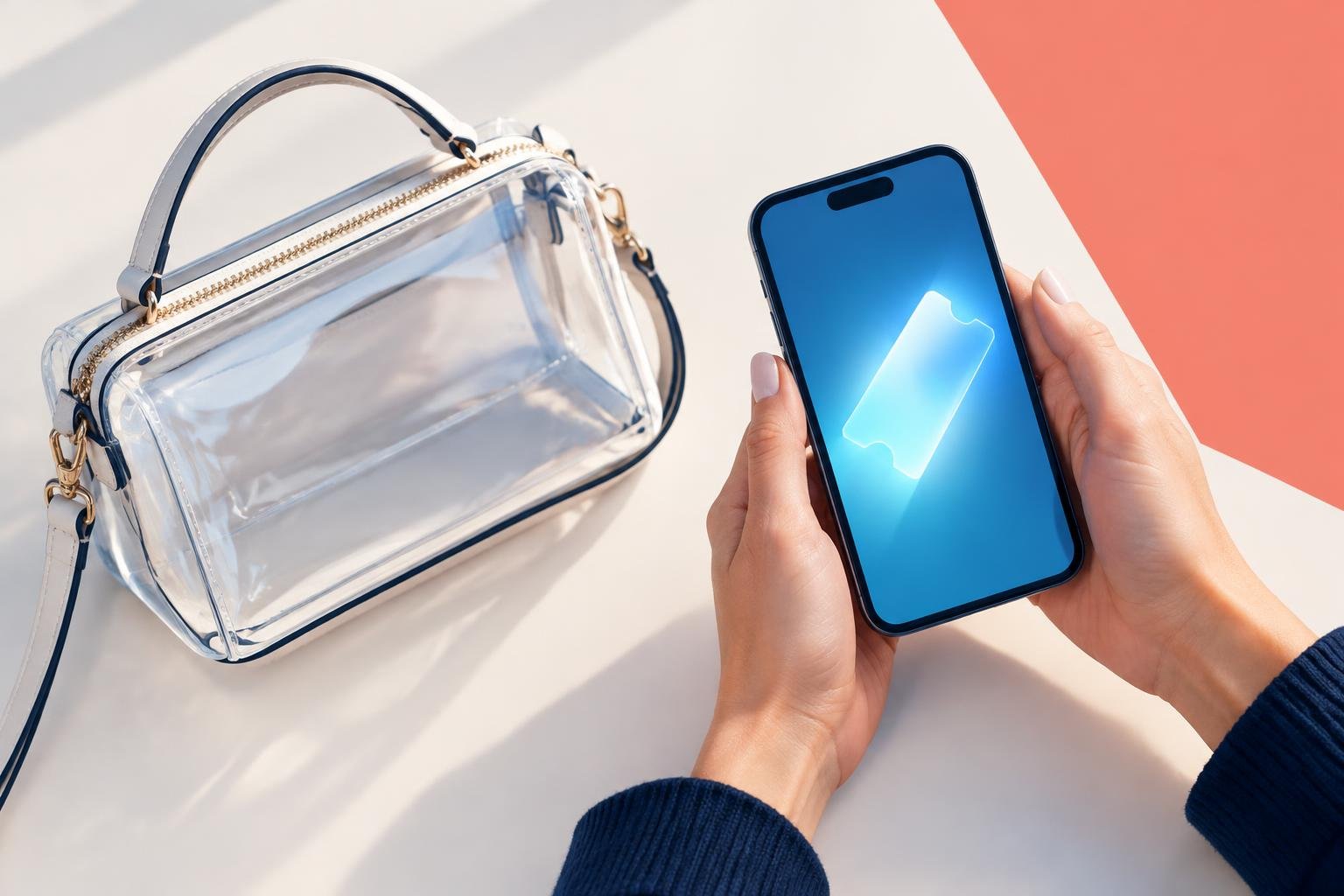 Bolso transparente pequeño y un celular con la entrada digital en la pantalla, listos para el control de acceso