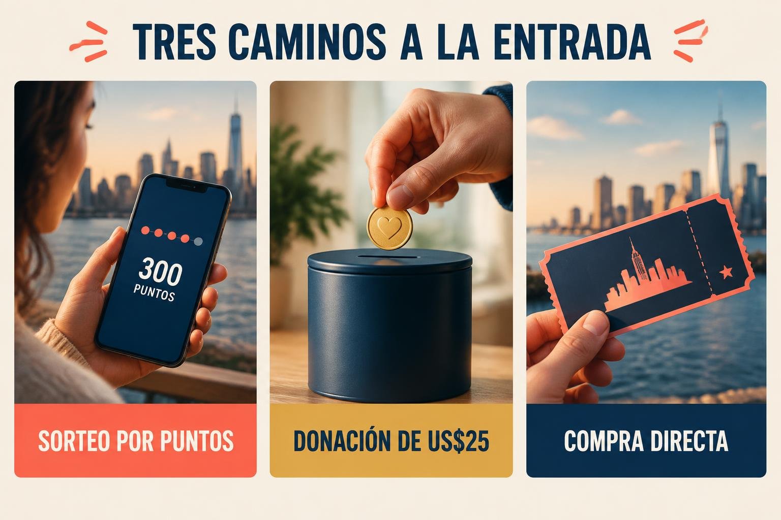 Infografía en castellano que compara las tres formas de conseguir entrada para el festival: sorteo por puntos, donación instantánea y compra