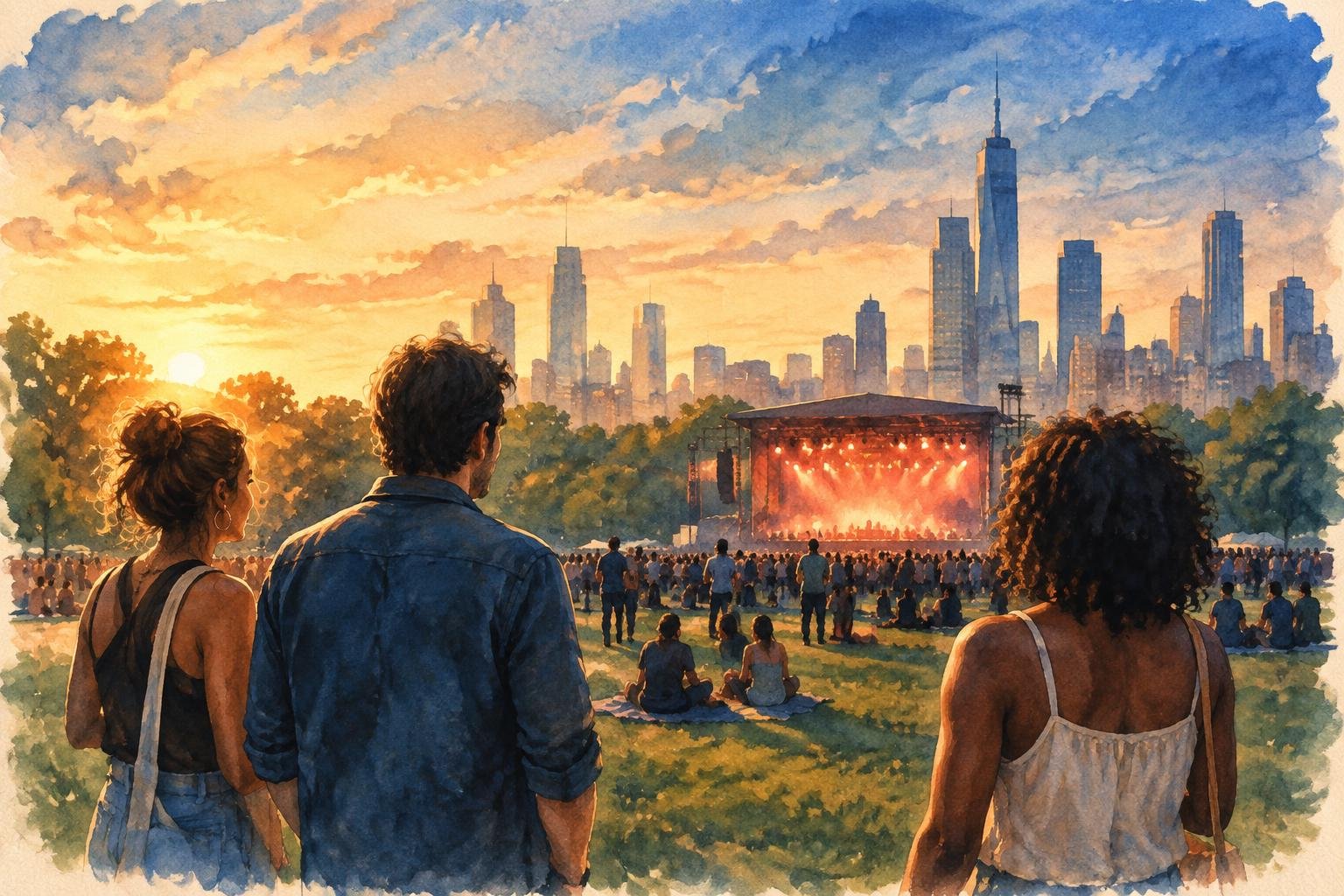 Público de pie sobre el césped del Great Lawn mientras cae la tarde y se encienden las luces del escenario