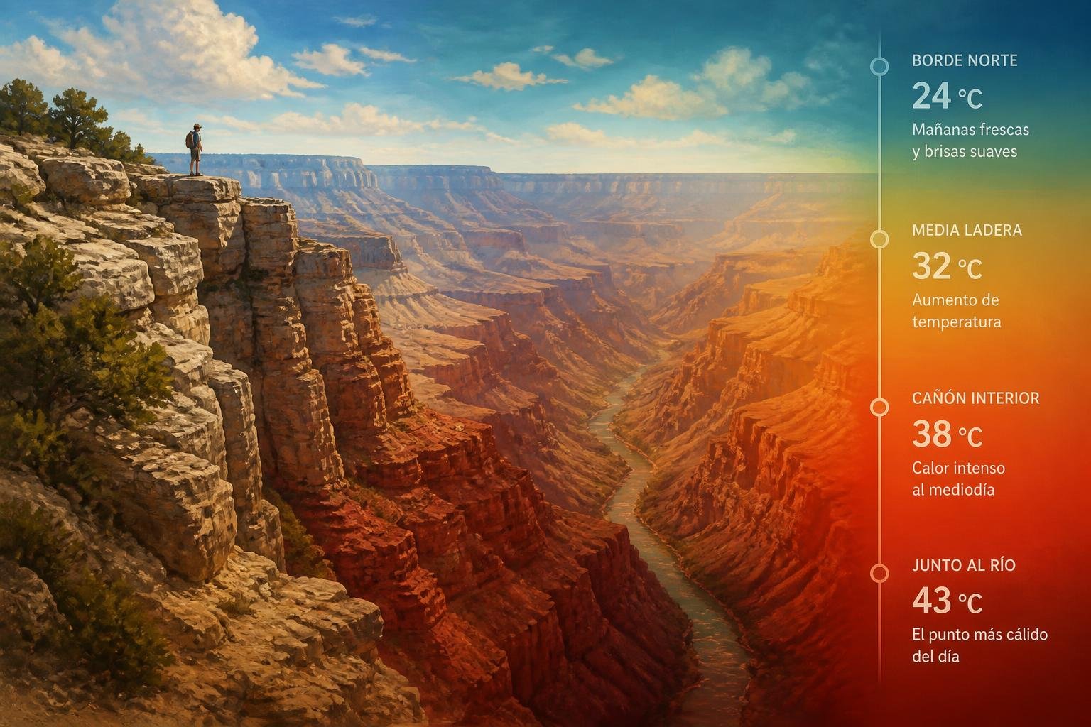 Ilustración del contraste térmico entre el borde fresco y el fondo caluroso del Grand Canyon