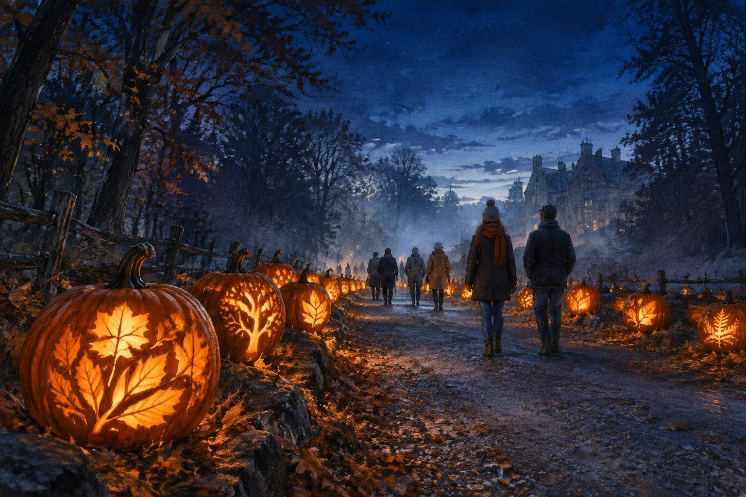 Sendero nocturno entre cientos de calabazas talladas e iluminadas en Van Cortlandt Manor