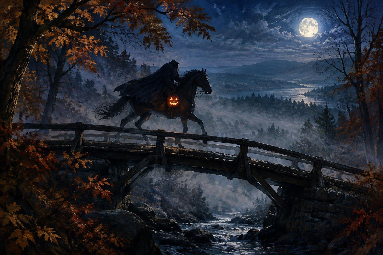 Ilustración del jinete sin cabeza de la leyenda de Sleepy Hollow cruzando un puente de madera