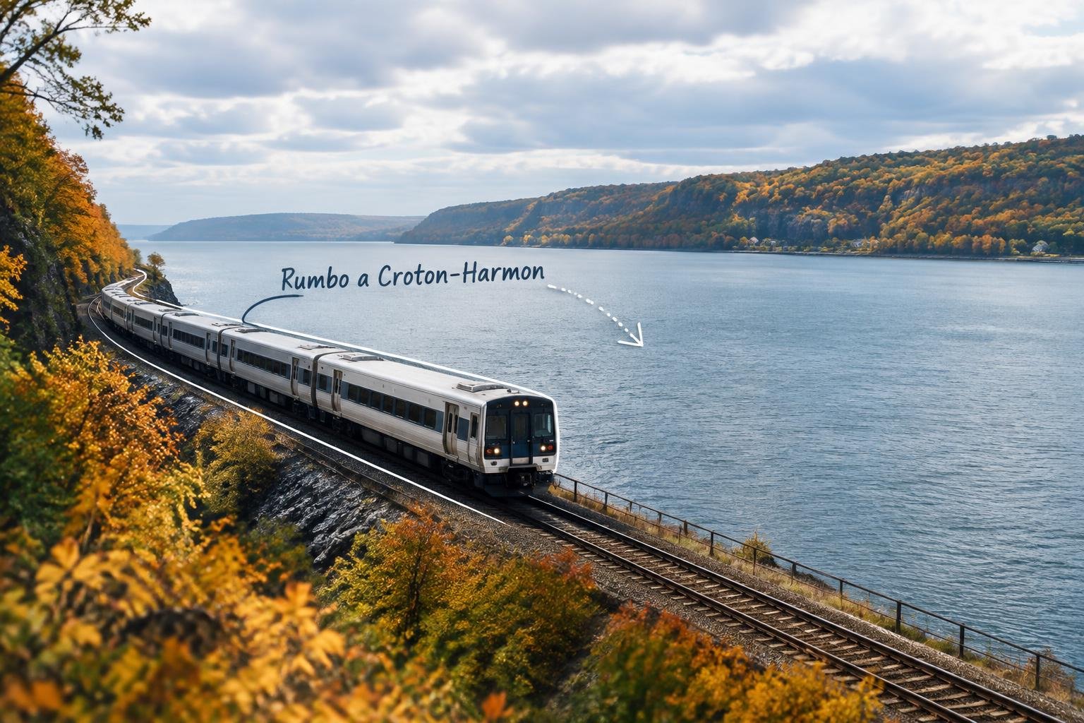 Tren de Metro-North recorriendo la orilla del río Hudson rumbo a Croton-Harmon