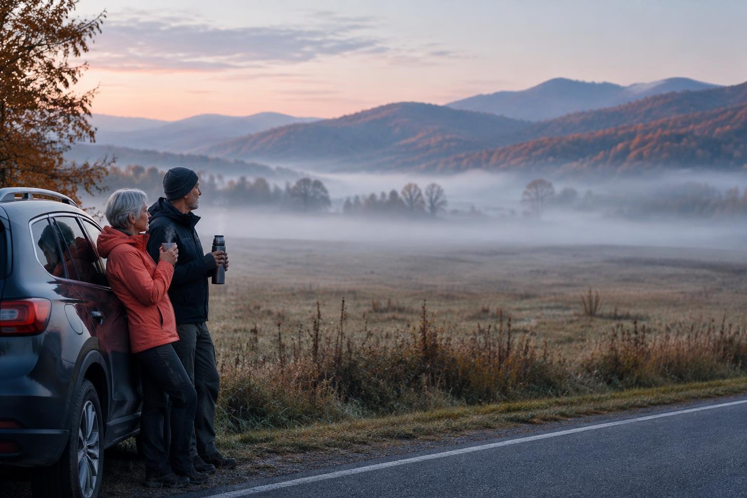 Prado de Cades Cove con niebla de madrugada y dos viajeros con un termo junto al auto antes de que llegue el tráfico